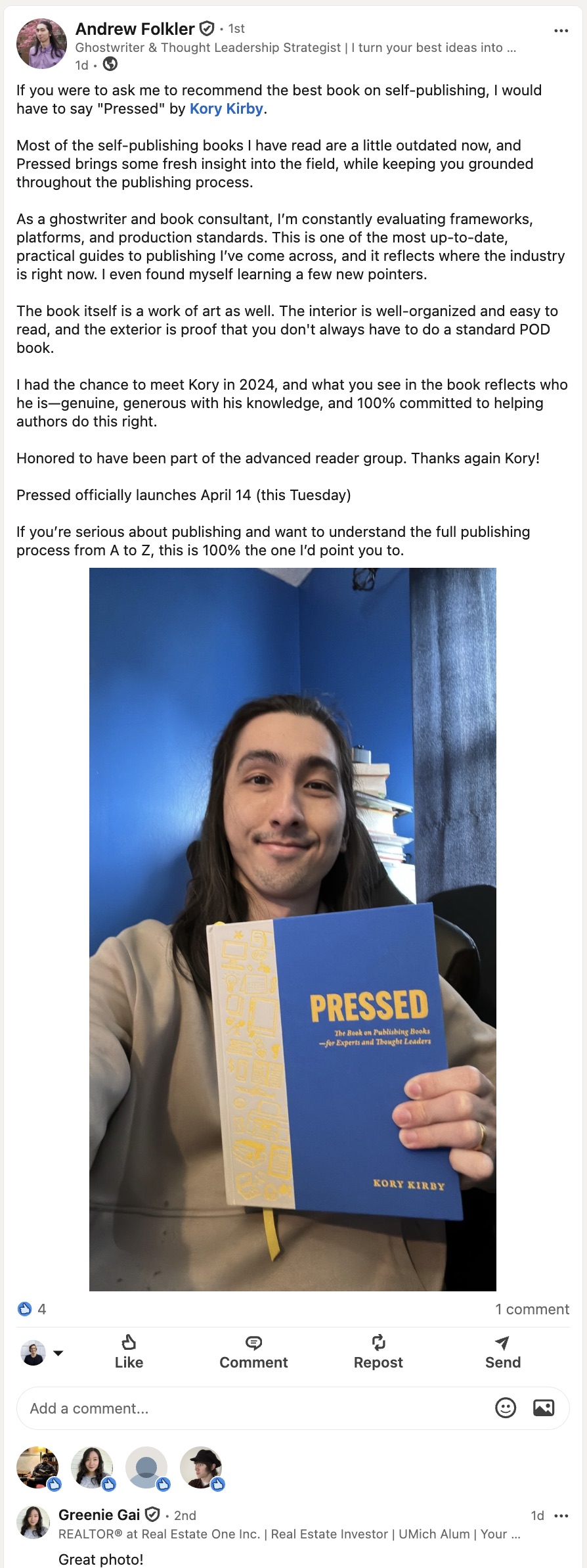 LinkedIn post by Andrew Folkler about Pressed
