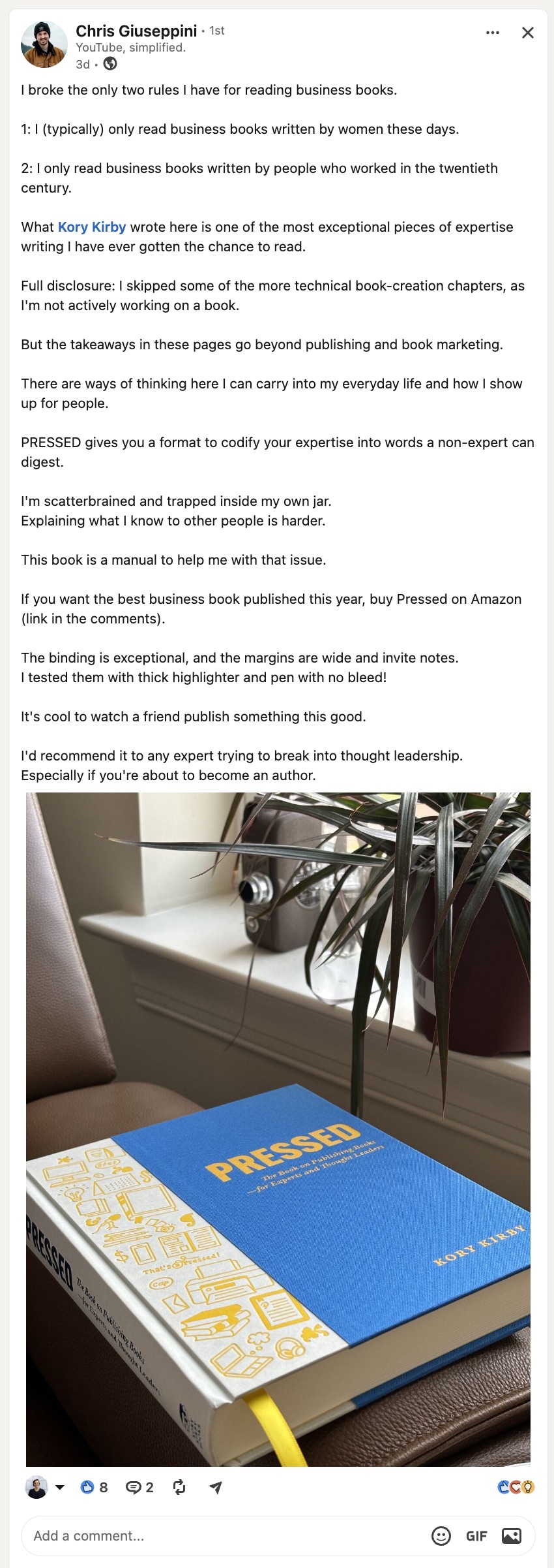 LinkedIn post by Chris Giuseppini about Pressed