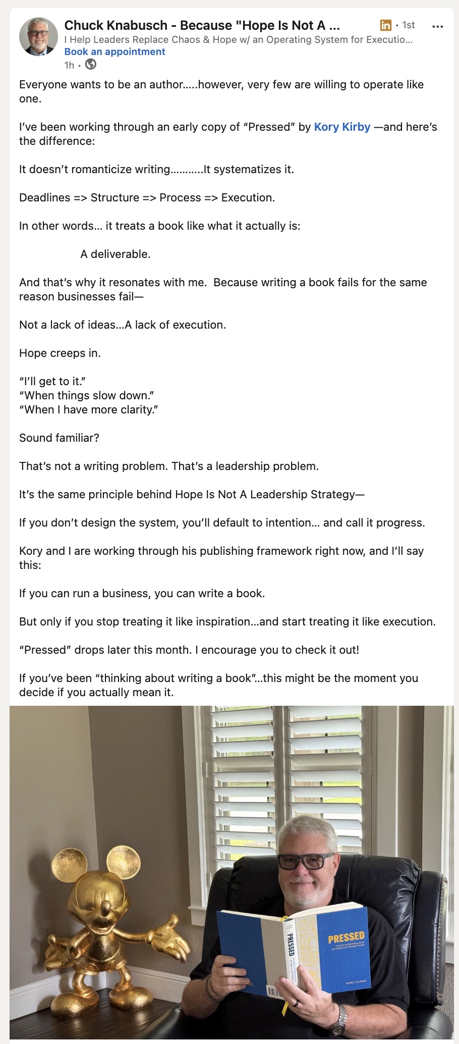 LinkedIn post by Chuck Knabusch about Pressed
