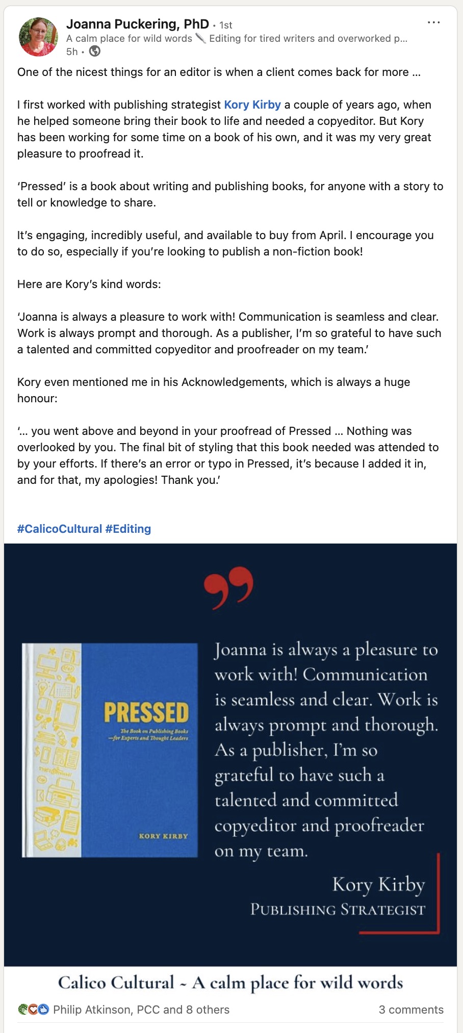 LinkedIn post by Joanna Puckering, PhD about Pressed