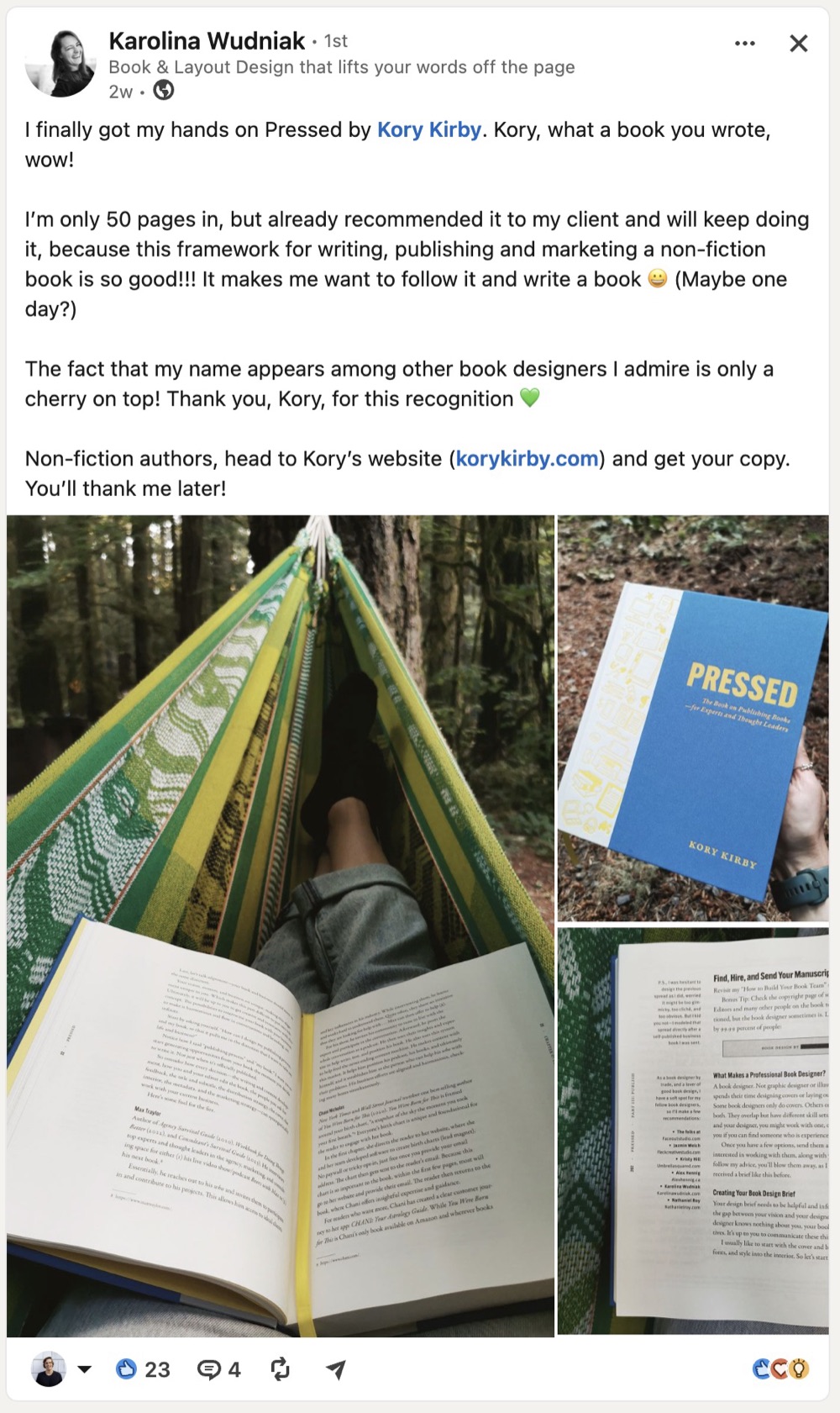 LinkedIn post by Karolina Wudniak about Pressed