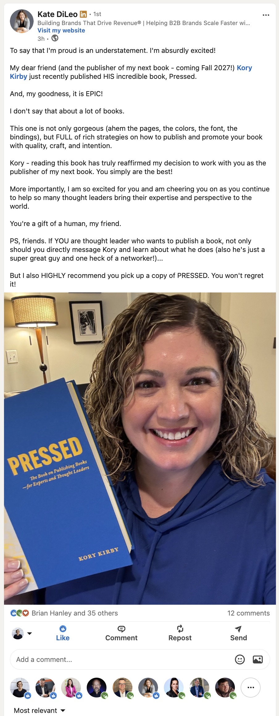 LinkedIn post by Kate DiLeo about Pressed