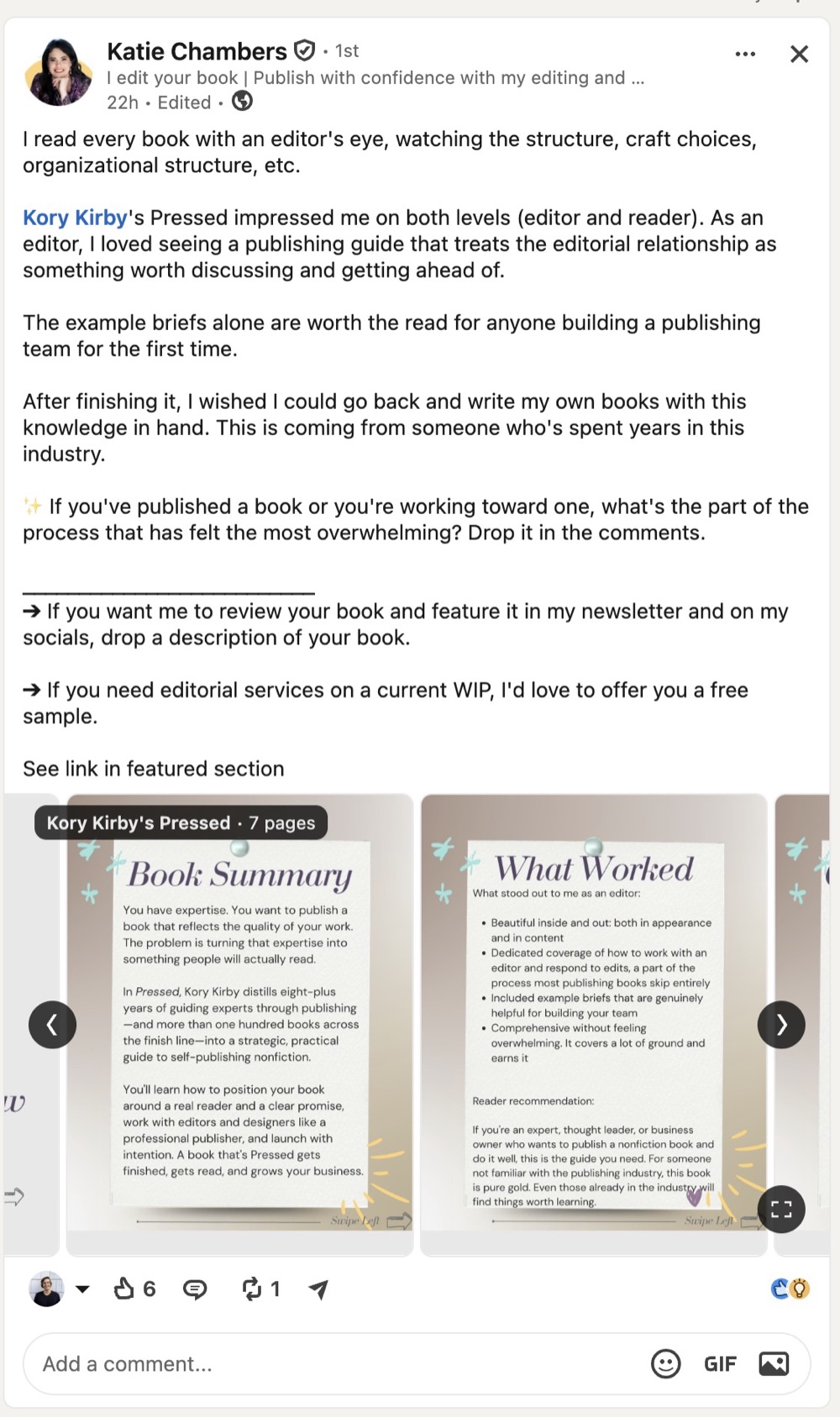 LinkedIn post by Katie Chambers about Pressed