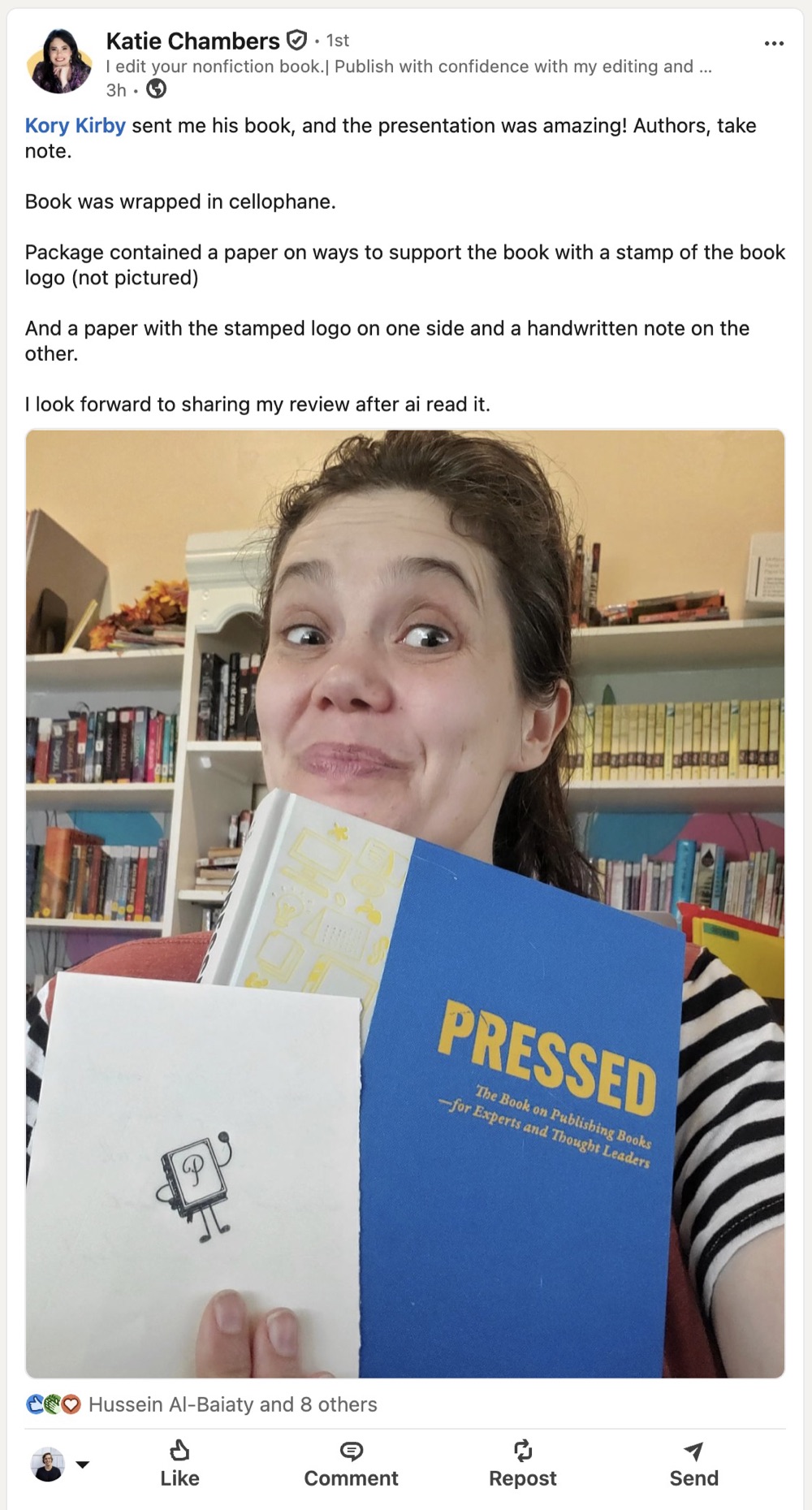LinkedIn post by Katie Chambers about Pressed