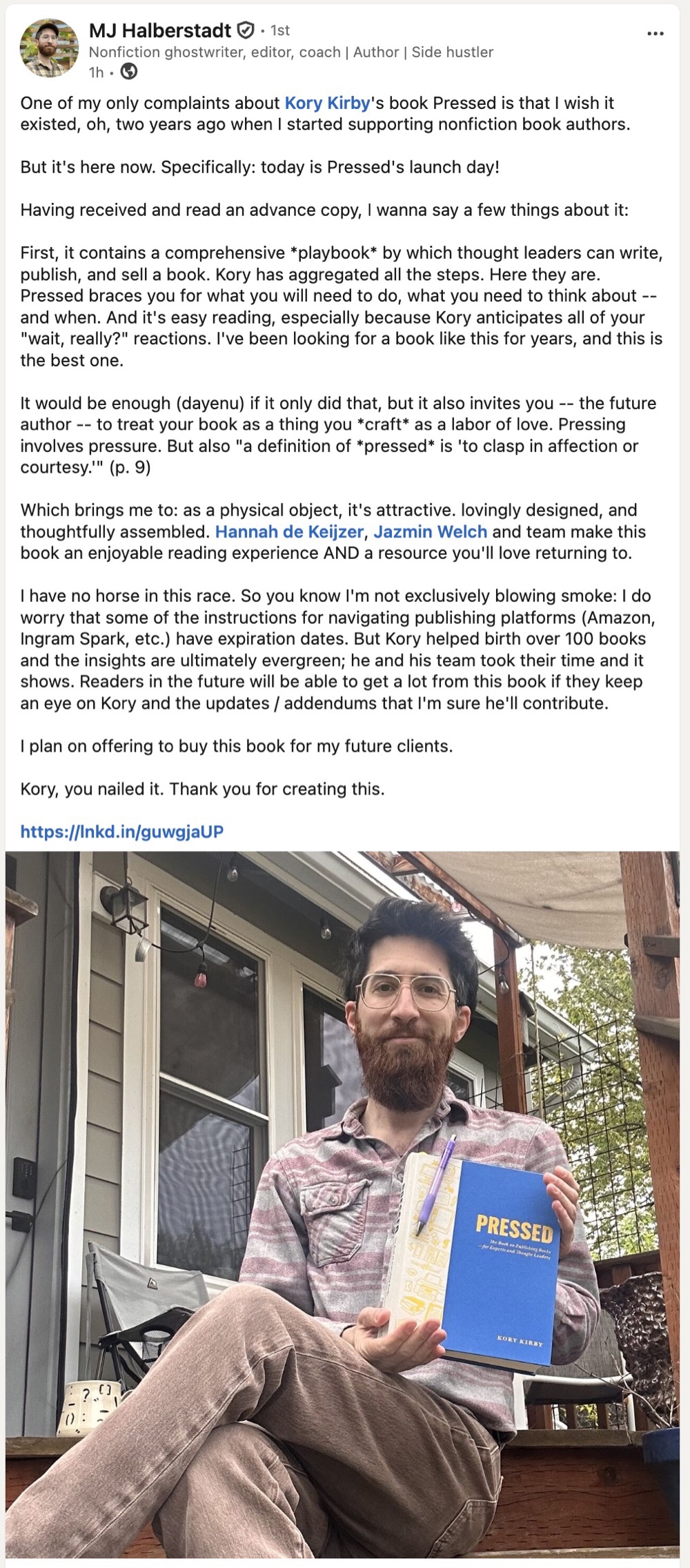 LinkedIn post by MJ Halberstadt about Pressed