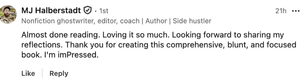 LinkedIn comment by MJ Halberstadt about Pressed