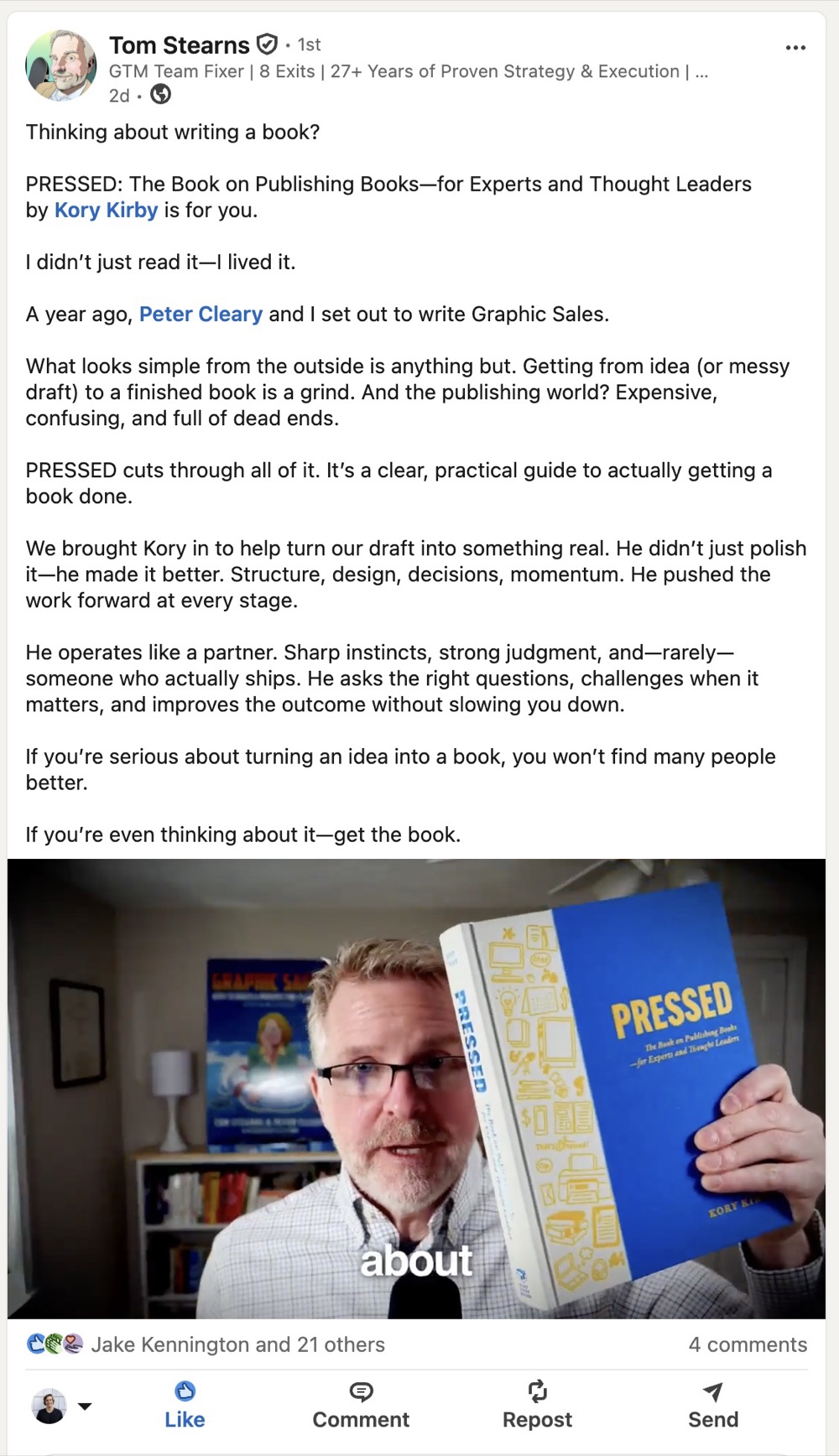 LinkedIn post by Tom Stearns about Pressed